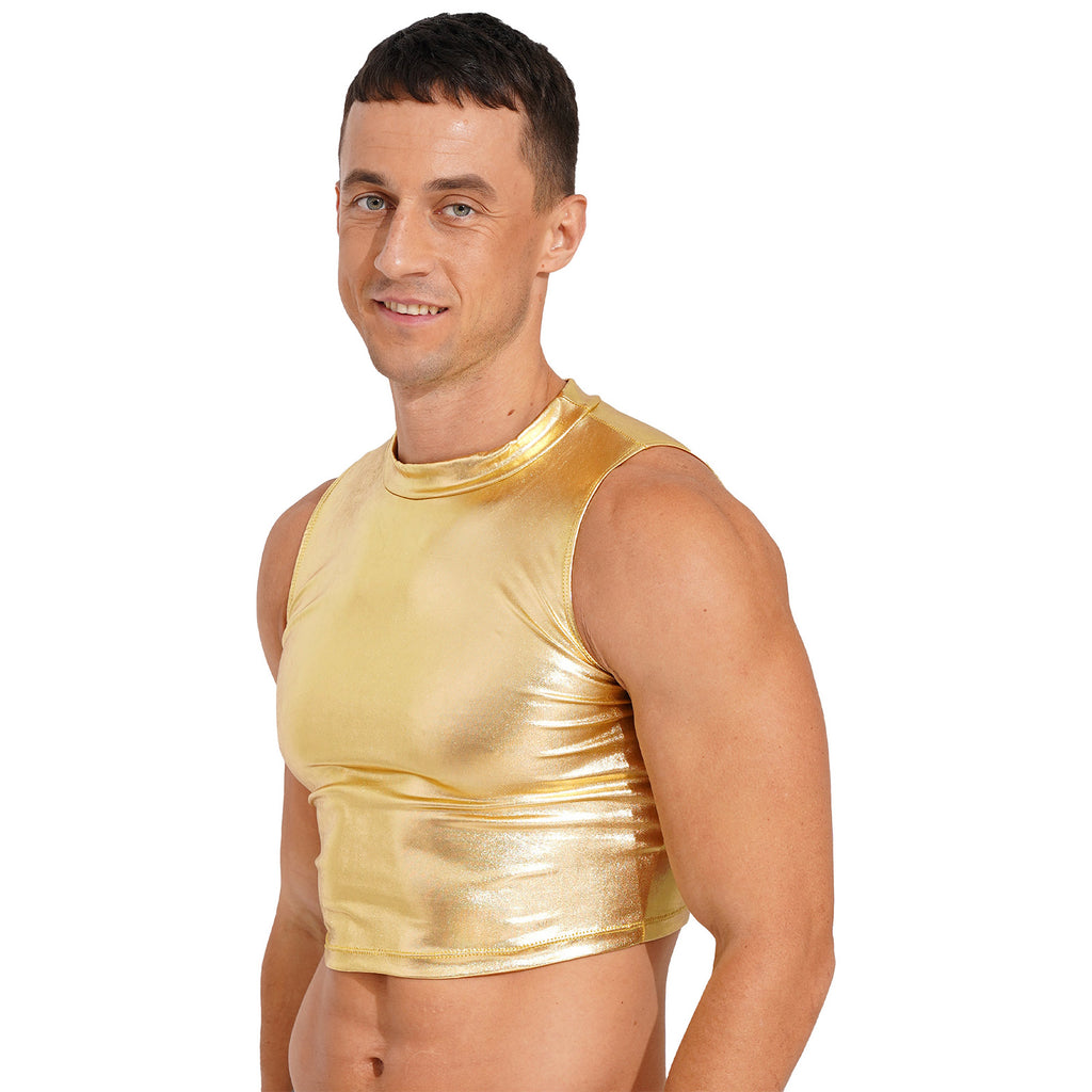Men's Clothing Wet Look Faux Leather Vest Pole Dance Costume Metallic Mock Neck Crop Tank Top Gothic Punk Rave Party Clubwear - Cosmic Twink