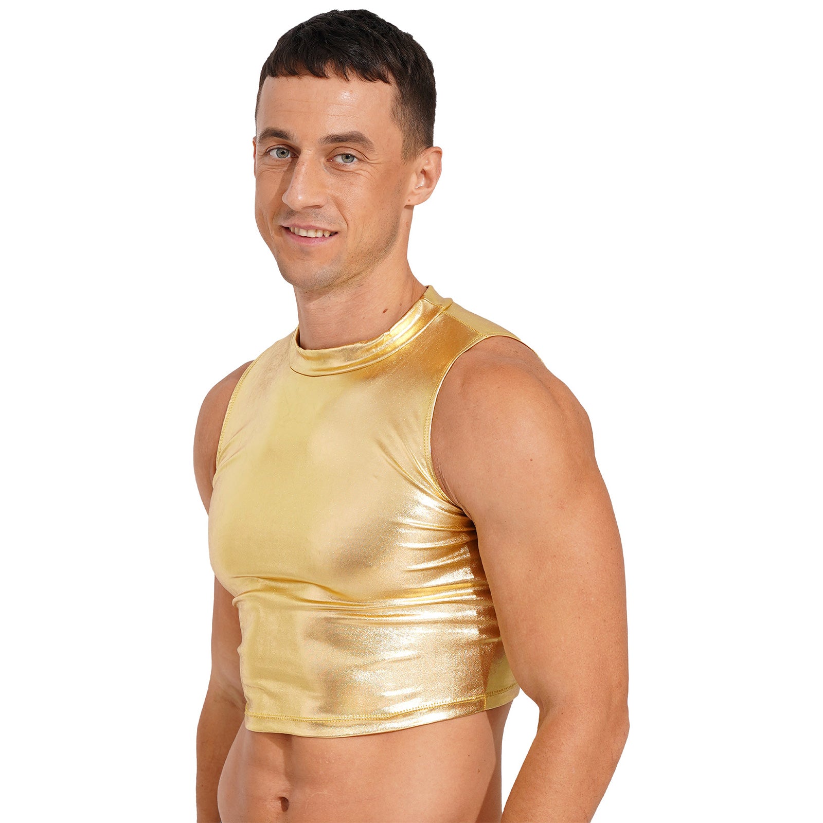 Men's Clothing Wet Look Faux Leather Vest Pole Dance Costume Metallic Mock Neck Crop Tank Top Gothic Punk Rave Party Clubwear - Cosmic Twink