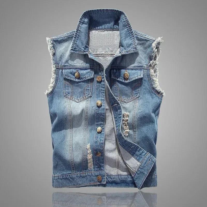 Summer Mens Ripped Denim Vest Male Tank Top Washed Jeans Waistcoat Man Retro Cowboy Hip Hop Sleeveless Jacket for Men - Cosmic Twink
