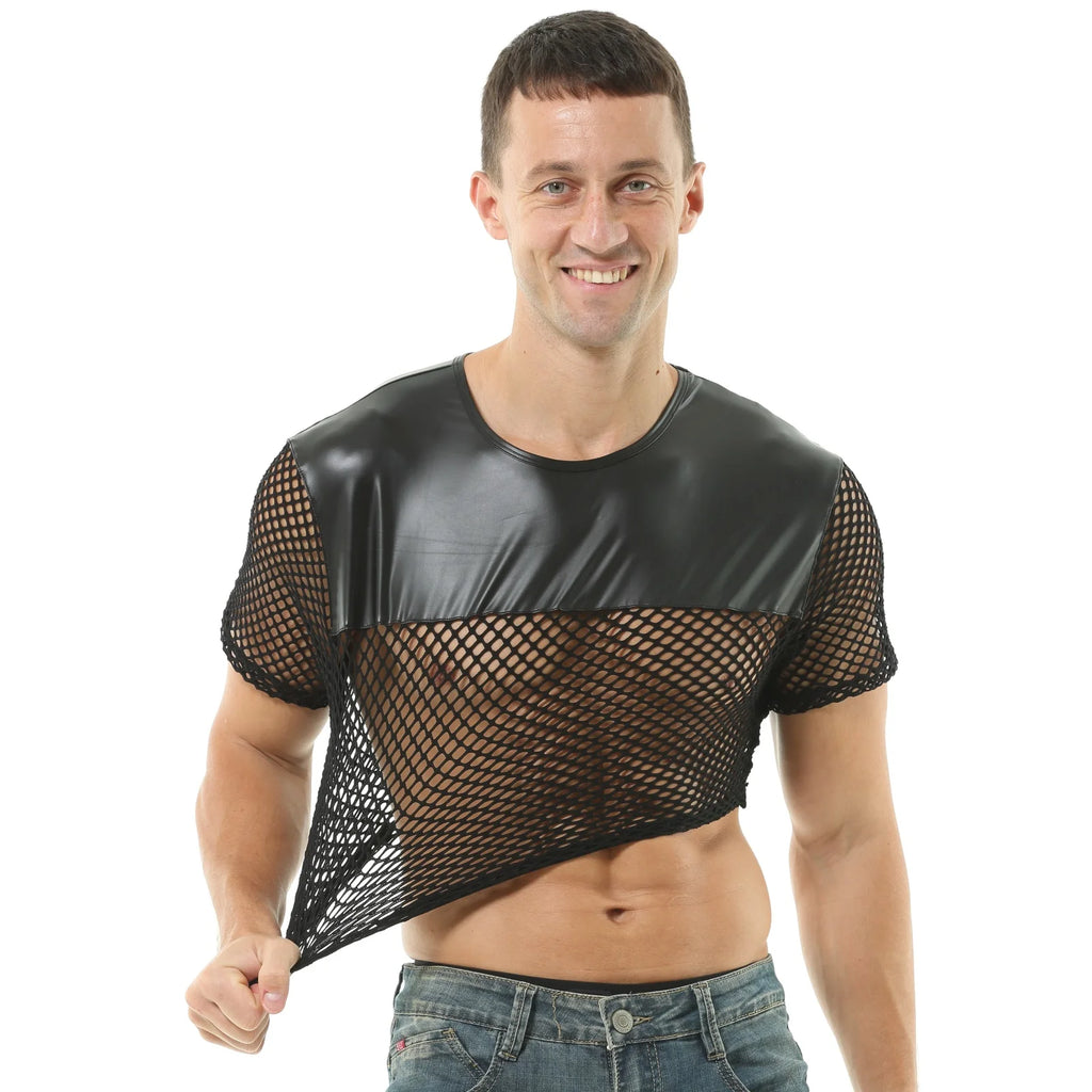 Mens Sexy Crop Tops PU Leather Mesh Lingerie Mini Vest Tanks Short Sleeve Muscle Clubwear Erotic Costume O-Neck - Cosmic Twink