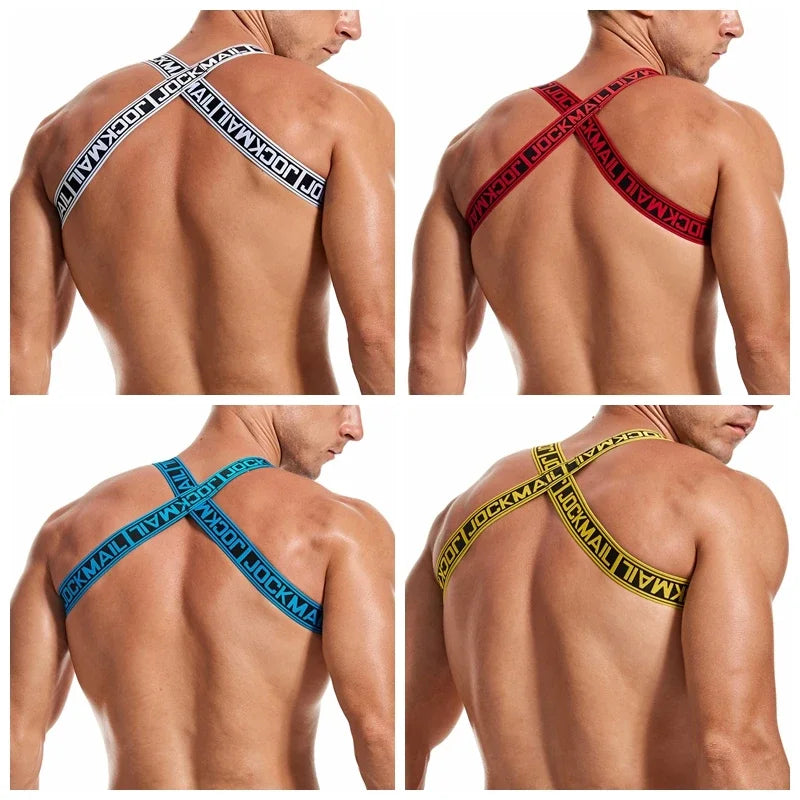 JOCKMAIL Letter Harness Men Sexy Shoulder Straps Chest Bondage Muscle Halter Belt Club Party Hollow Costume Gay Men Bodysuite - Cosmic Twink