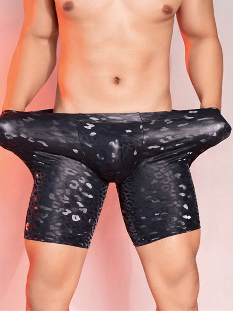 Sexy Men PU Faux Leather Leopard Print Short Pants U Bulge Pouch Pants Shorts Gym Boxer Wetlook Gay Wear Erotic Club Wear - Cosmic Twink