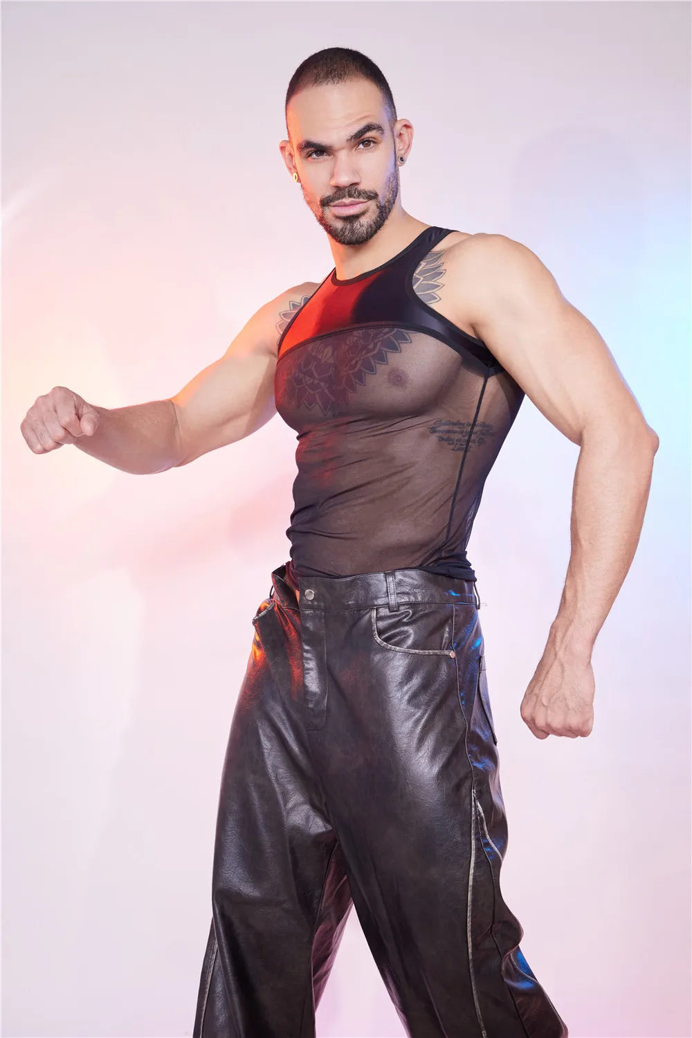 Sexy Men Patchwork Tank Top Oil Glossy Shiny Vest Mesh Sheer See Through Thong Maid Tights Elastic Shaper Top T-shirt - Cosmic Twink