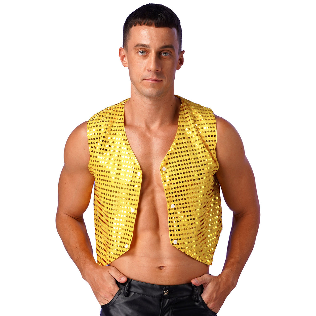 Mens Shiny Sequined Vest Tops V Neck Disco Irregular Hem Waistcoat Hiphop Jazz Dance Festival Rave Outfits Performance Costume - Cosmic Twink