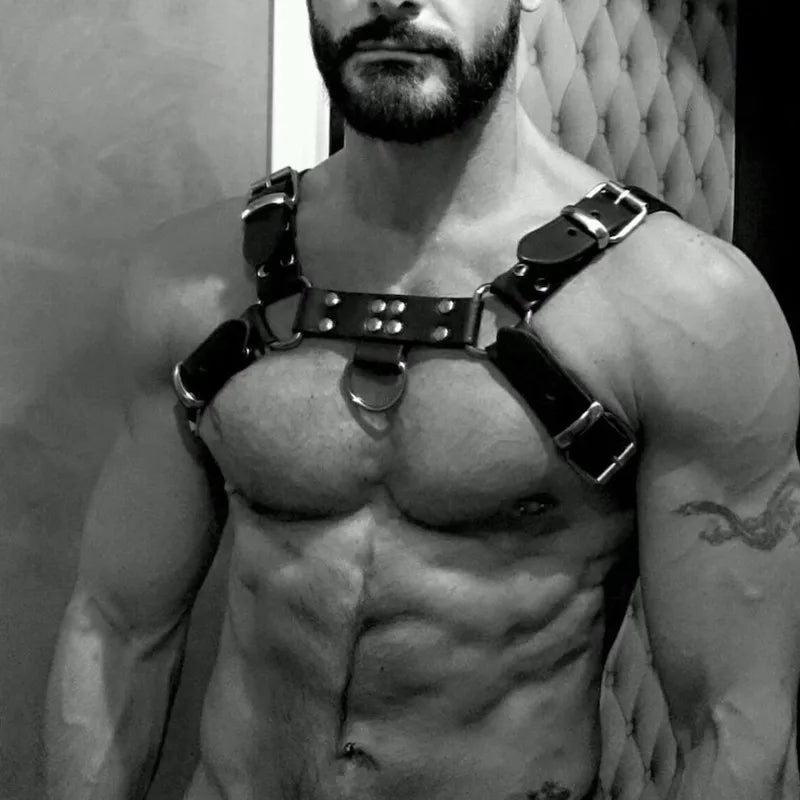 Gay Rave Harness Men Black Adjustable Leather Double Shoulders Punk Costume Straps Adult BDSM Bondage Belt Lingerie Sex Toys - Cosmic Twink