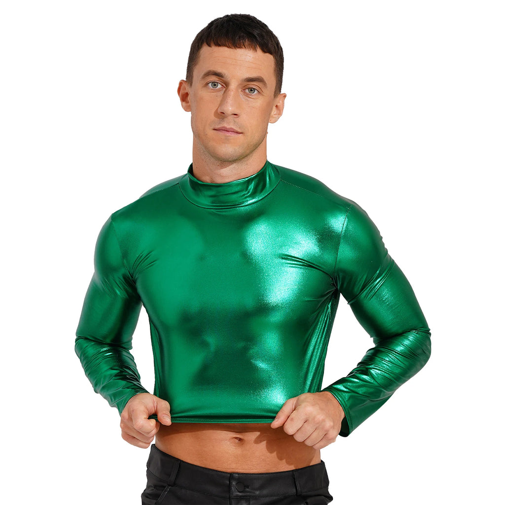 Men's Clothing Wet Look Faux Leather Vest Pole Dance Costume Metallic Mock Neck Crop Tank Top Gothic Punk Rave Party Clubwear - Cosmic Twink