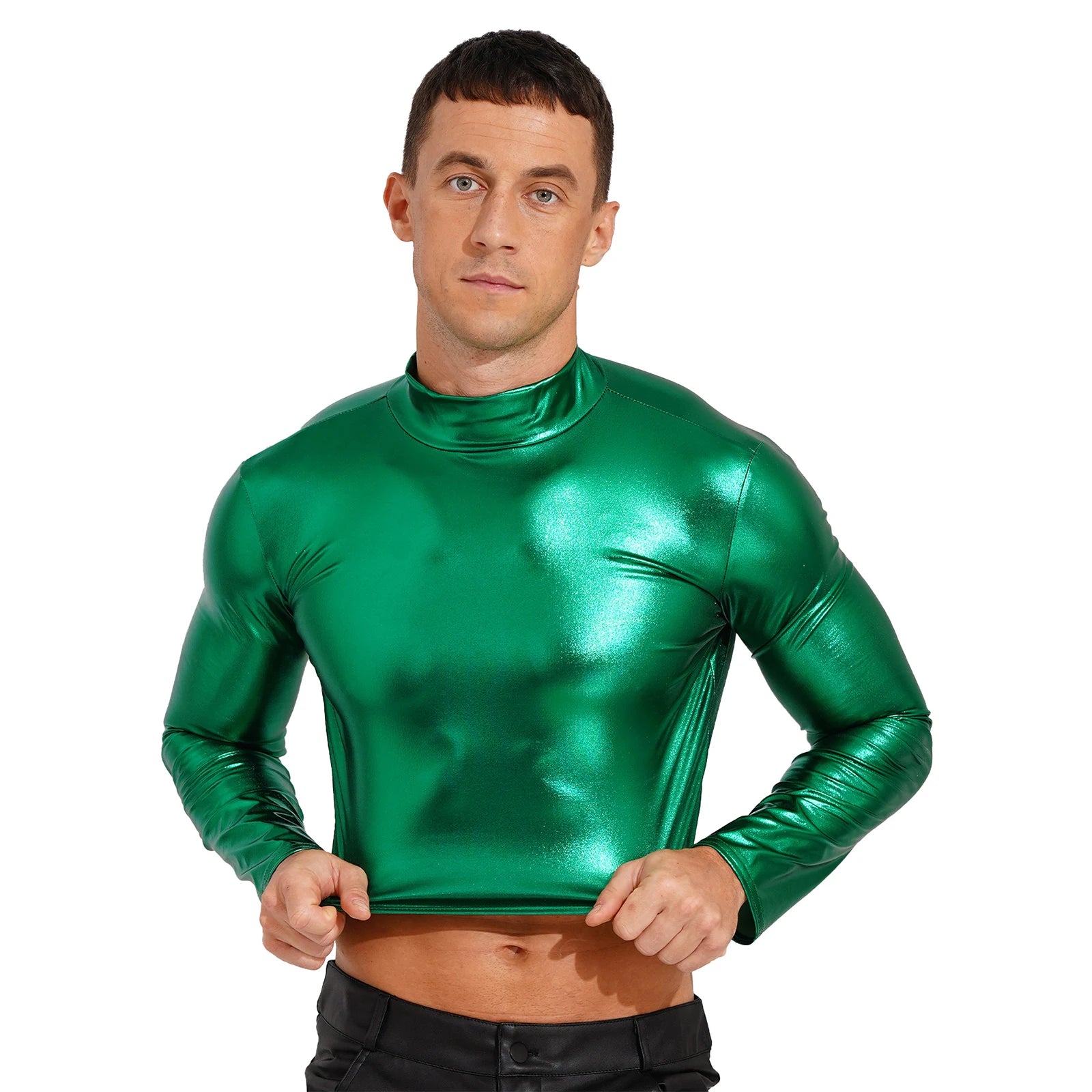 Men's Clothing Wet Look Faux Leather Vest Pole Dance Costume Metallic Mock Neck Crop Tank Top Gothic Punk Rave Party Clubwear - Cosmic Twink