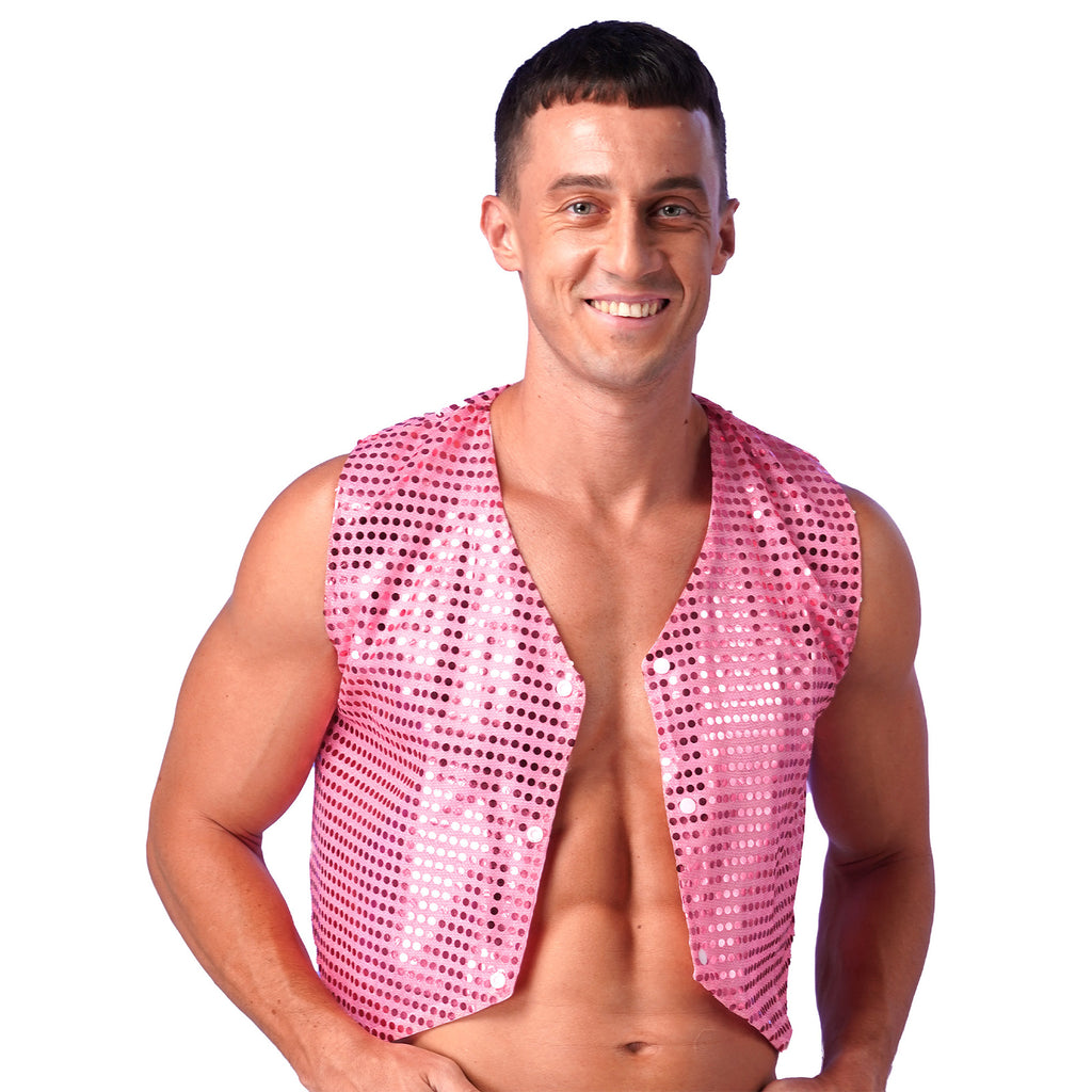 Mens Shiny Sequined Vest Tops V Neck Disco Irregular Hem Waistcoat Hiphop Jazz Dance Festival Rave Outfits Performance Costume - Cosmic Twink