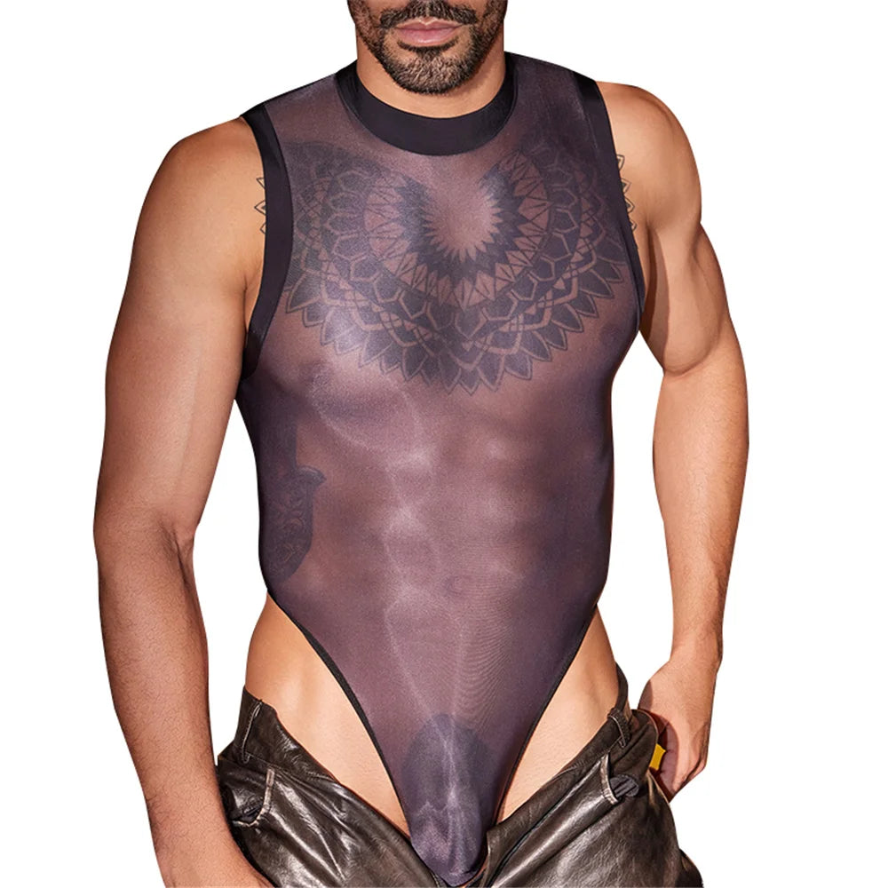 Sexy Men Unisex High Cut Bodysuit Oil Glossy Shiny Vets Sheer See Through Thong Maid Tights Elastic Tank Top Leotard - Cosmic Twink