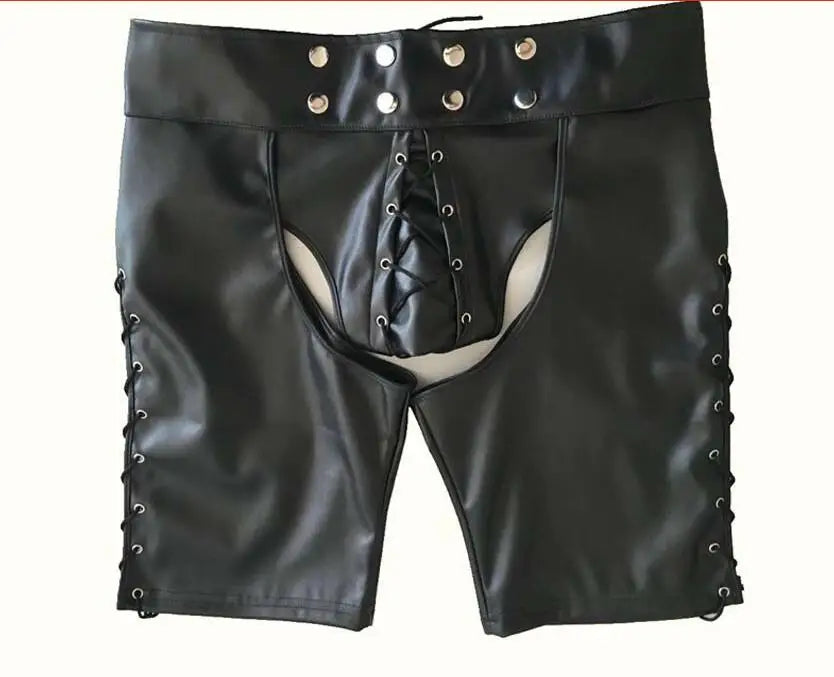 2022 Sexy Lingerie Gay Men Faux Leather Lace Up Pants New Hot Black Mens Latex PVC Bondage Open Cortch Shorts Gothic Fetish - Cosmic Twink