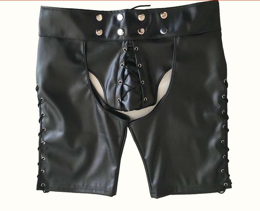 2022 Sexy Lingerie Gay Men Faux Leather Lace Up Pants New Hot Black Mens Latex PVC Bondage Open Cortch Shorts Gothic Fetish - Cosmic Twink
