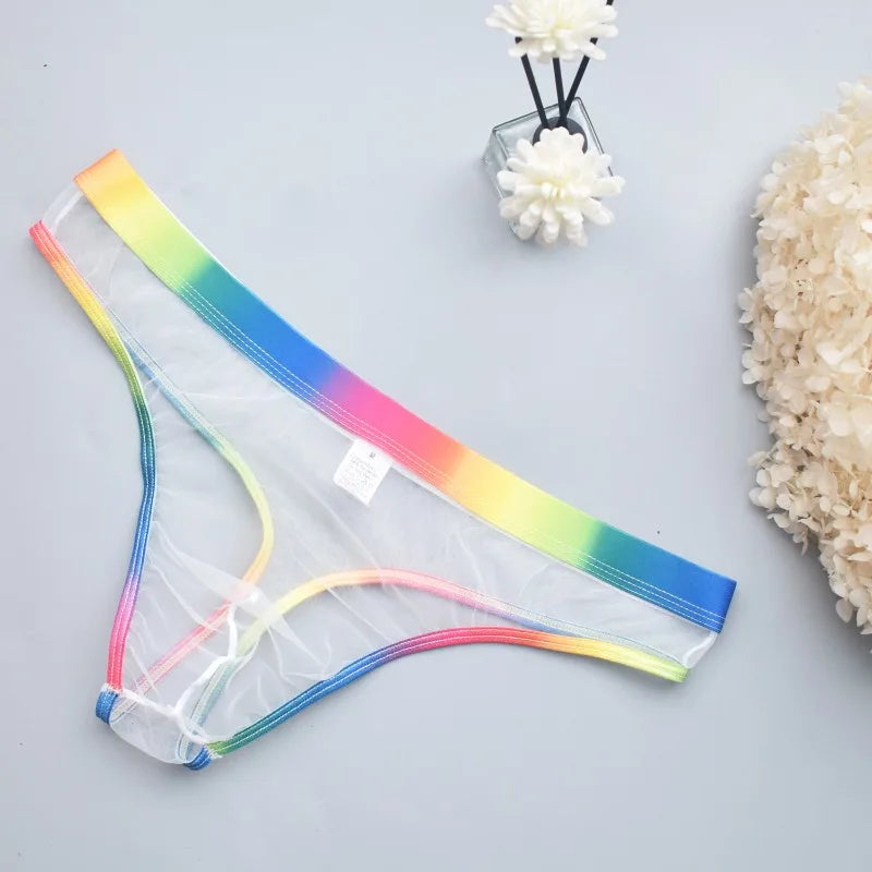 Men's Transparent Mesh G-String T-Back Thong  Rainbow Low Rise Underwear Gay Sexy Breathable Sheer Underpant Naughty Lingerie - Cosmic Twink