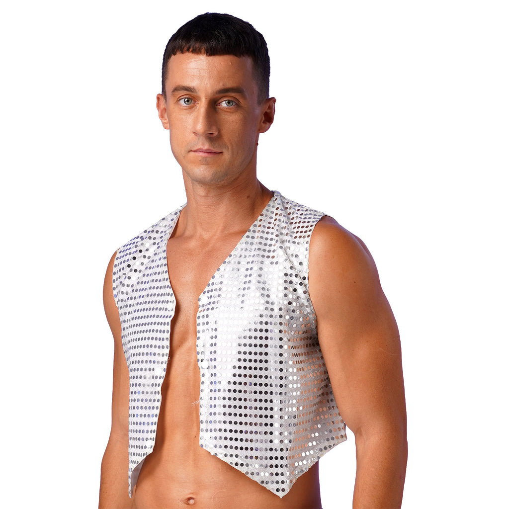 Mens Shiny Sequined Vest Tops V Neck Disco Irregular Hem Waistcoat Hiphop Jazz Dance Festival Rave Outfits Performance Costume - Cosmic Twink