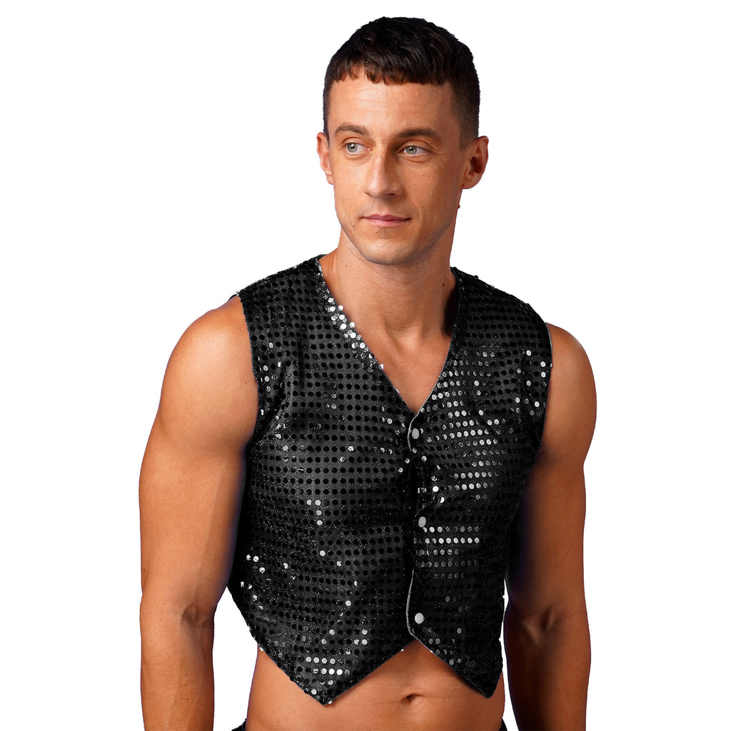 Mens Shiny Sequined Vest Tops V Neck Disco Irregular Hem Waistcoat Hiphop Jazz Dance Festival Rave Outfits Performance Costume - Cosmic Twink