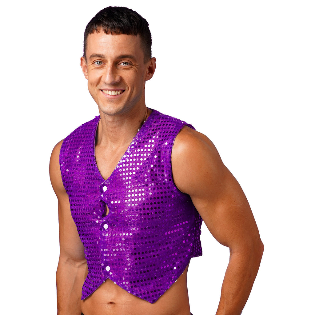 Mens Shiny Sequined Vest Tops V Neck Disco Irregular Hem Waistcoat Hiphop Jazz Dance Festival Rave Outfits Performance Costume - Cosmic Twink