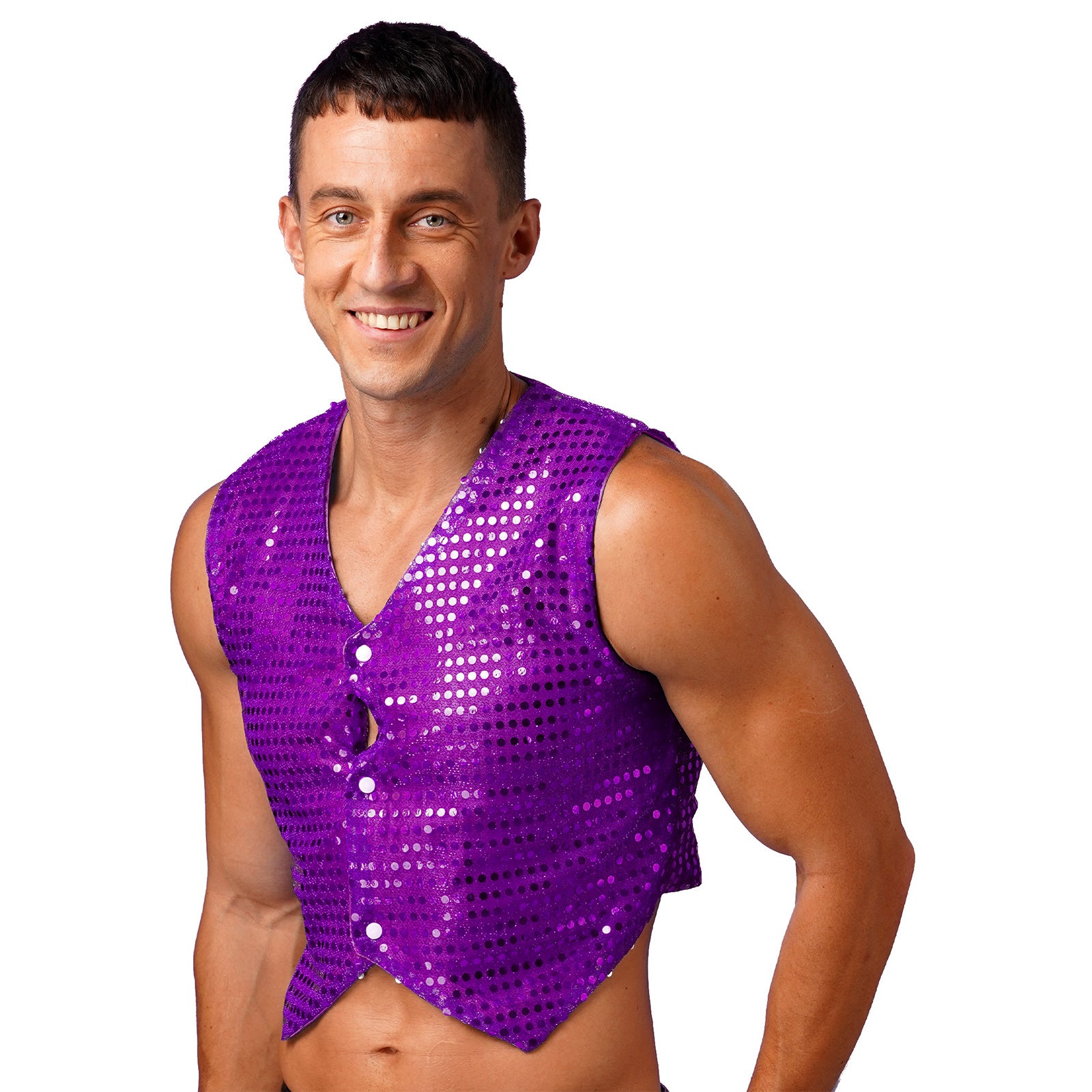 Mens Shiny Sequined Vest Tops V Neck Disco Irregular Hem Waistcoat Hiphop Jazz Dance Festival Rave Outfits Performance Costume - Cosmic Twink