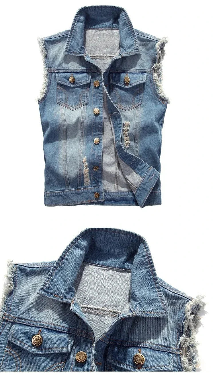 Summer Mens Ripped Denim Vest Male Tank Top Washed Jeans Waistcoat Man Retro Cowboy Hip Hop Sleeveless Jacket for Men - Cosmic Twink