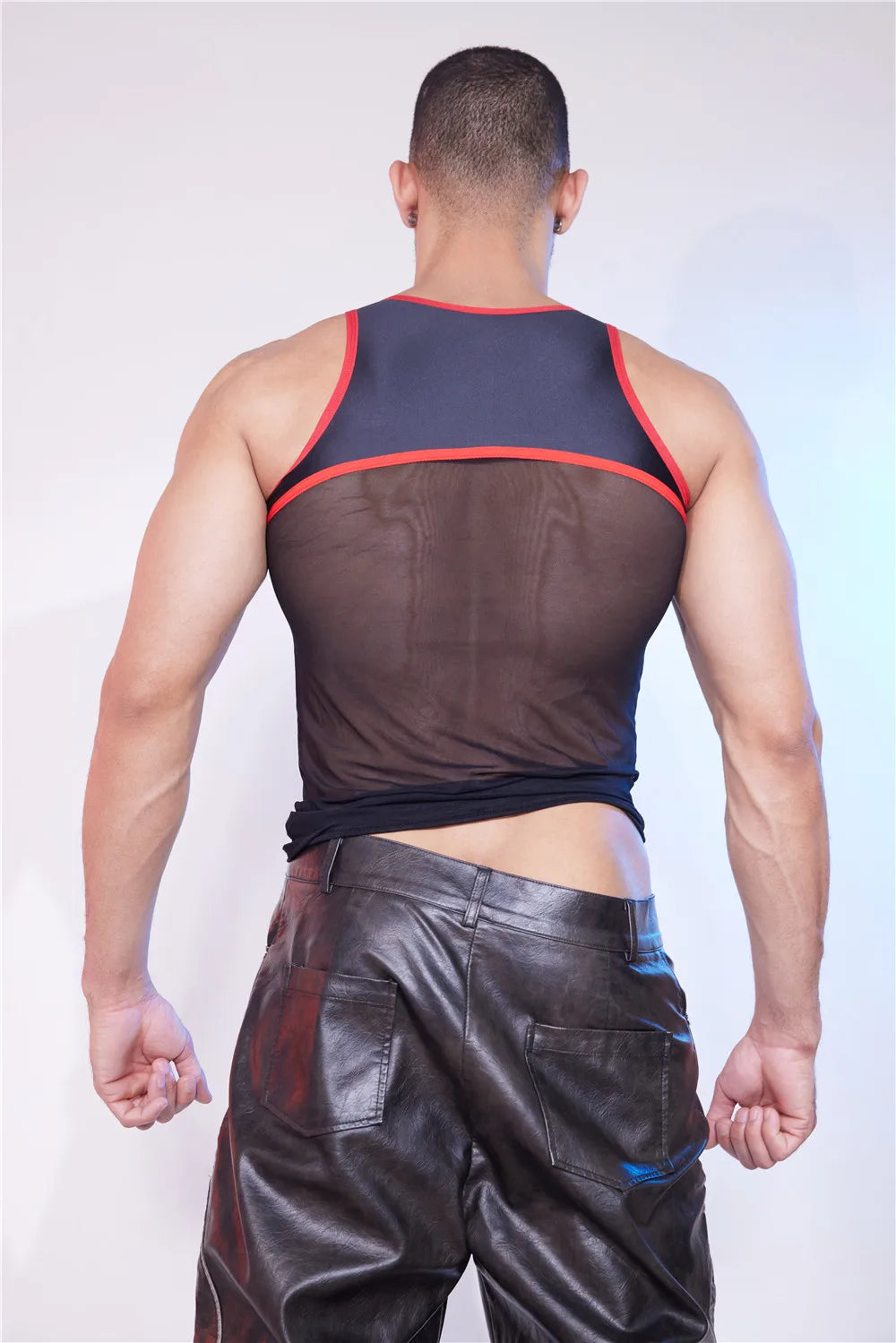 Sexy Men Patchwork Tank Top Oil Glossy Shiny Vest Mesh Sheer See Through Thong Maid Tights Elastic Shaper Top T-shirt - Cosmic Twink