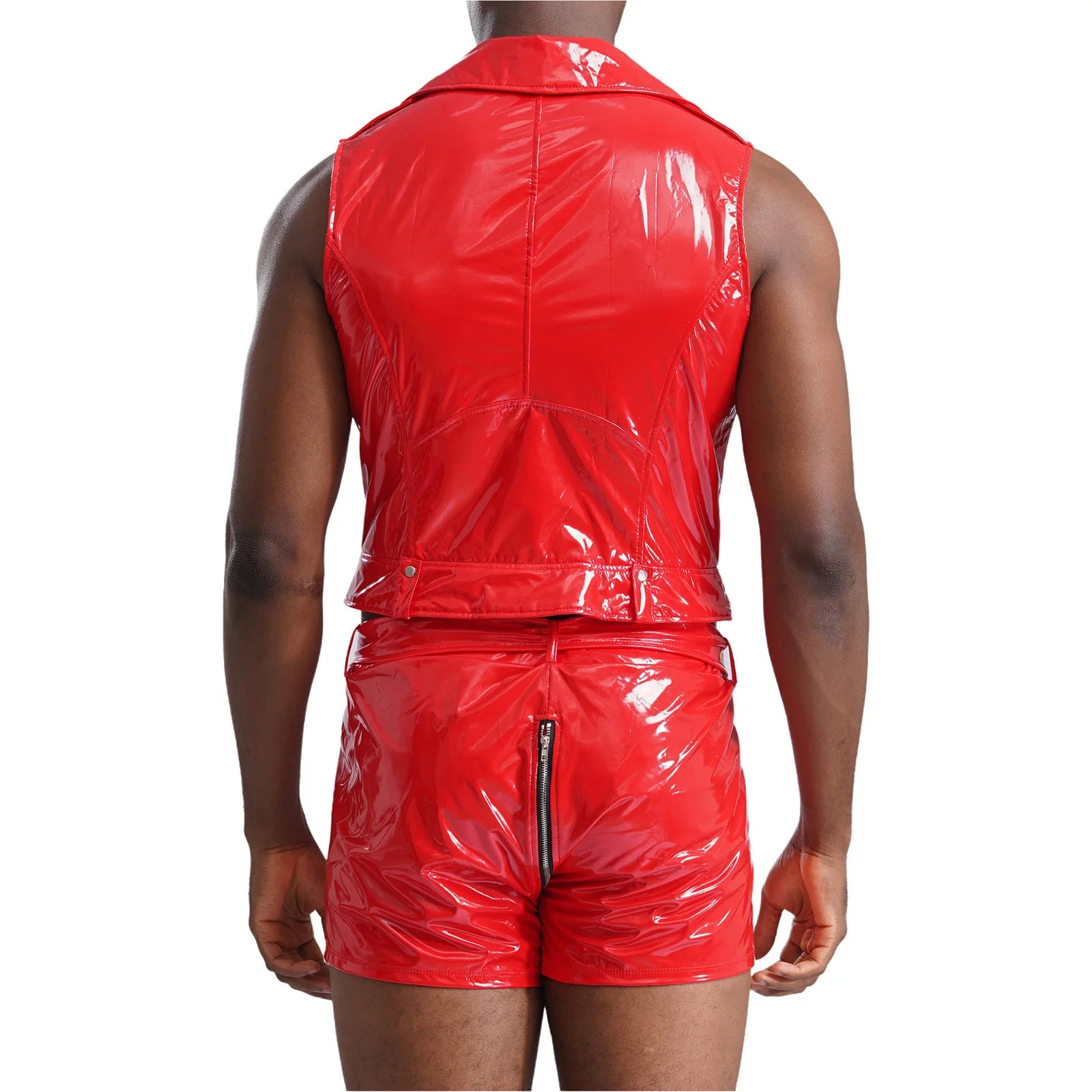 Men Pole Dancing Performance Outfit Wet Look Patent Leather Zipper Tank Top with Boxer Shorts Belt Rave Party Nightclub Clubwear - Cosmic Twink