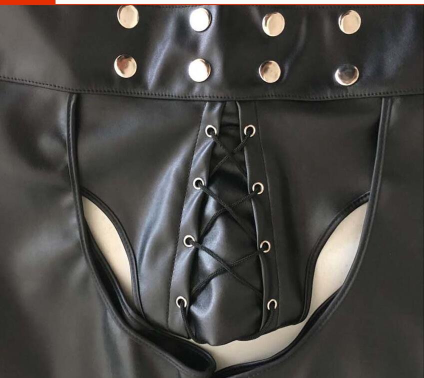 2022 Sexy Lingerie Gay Men Faux Leather Lace Up Pants New Hot Black Mens Latex PVC Bondage Open Cortch Shorts Gothic Fetish - Cosmic Twink