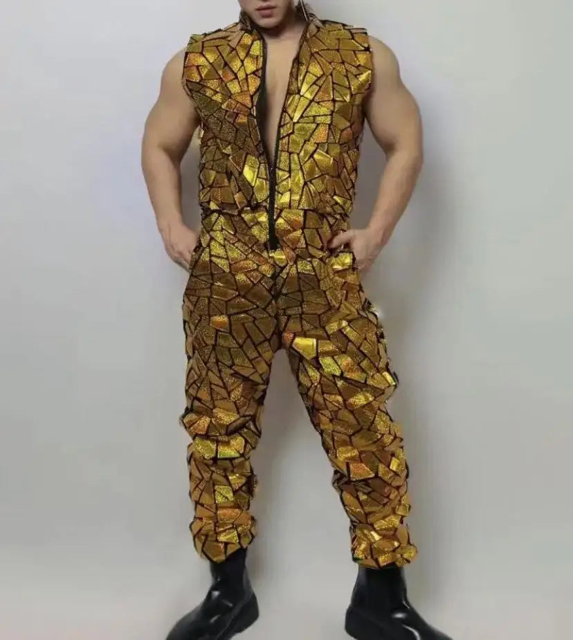 Costume men Dancer Team Street Dance Stage Performance Clothes Laser Mirror Rompers Costume Club Bar Sequins Jumpsuit Hip Hop - Cosmic Twink