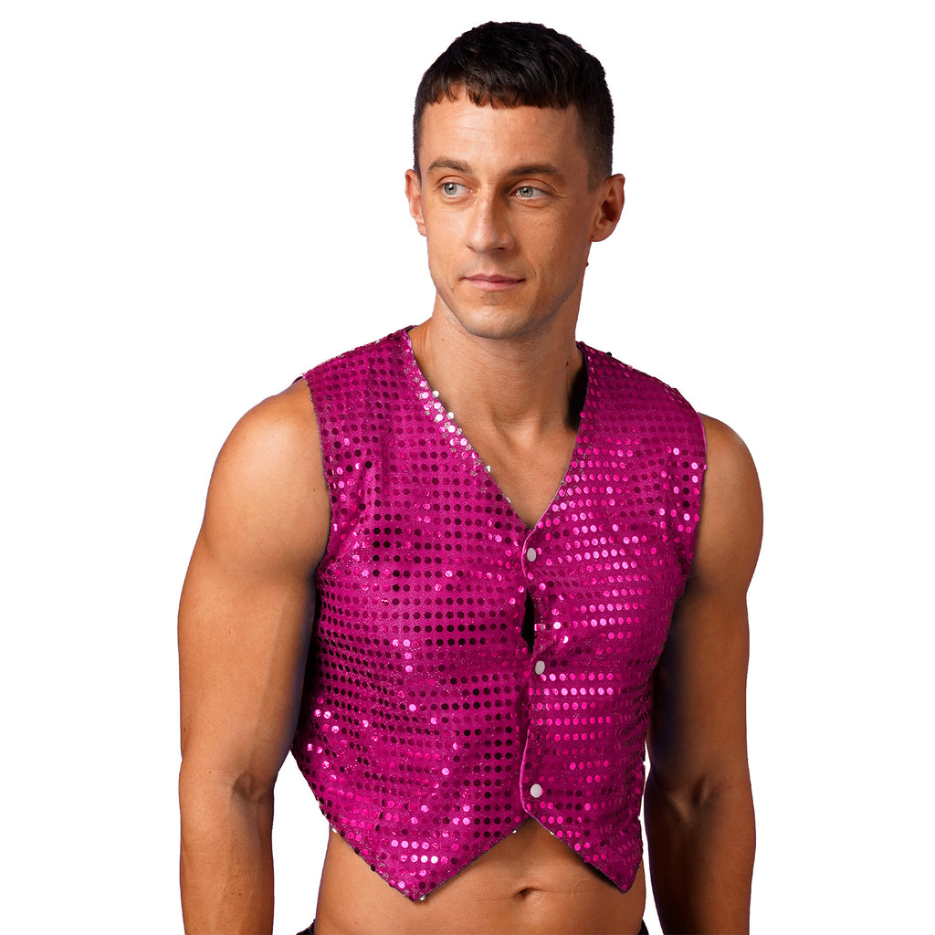 Mens Shiny Sequined Vest Tops V Neck Disco Irregular Hem Waistcoat Hiphop Jazz Dance Festival Rave Outfits Performance Costume - Cosmic Twink