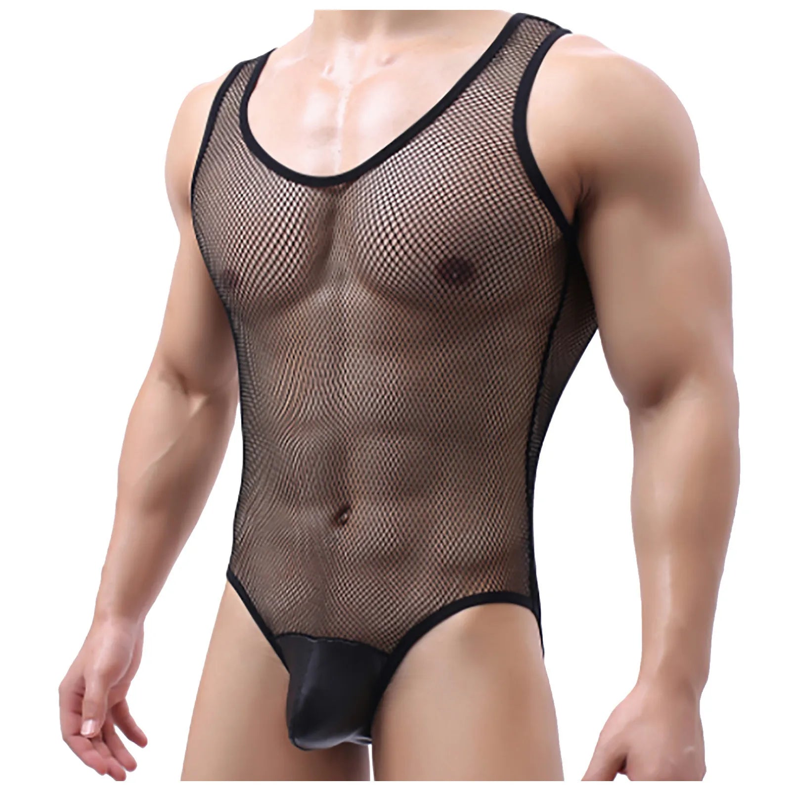 Sexy Mens Undershirts Gay Sissy Lingerie Mesh Sheer Bodysuit Wrestling Singlet Leotard Jumpsuit One-Piece Pajama Sheer Underwear - Cosmic Twink