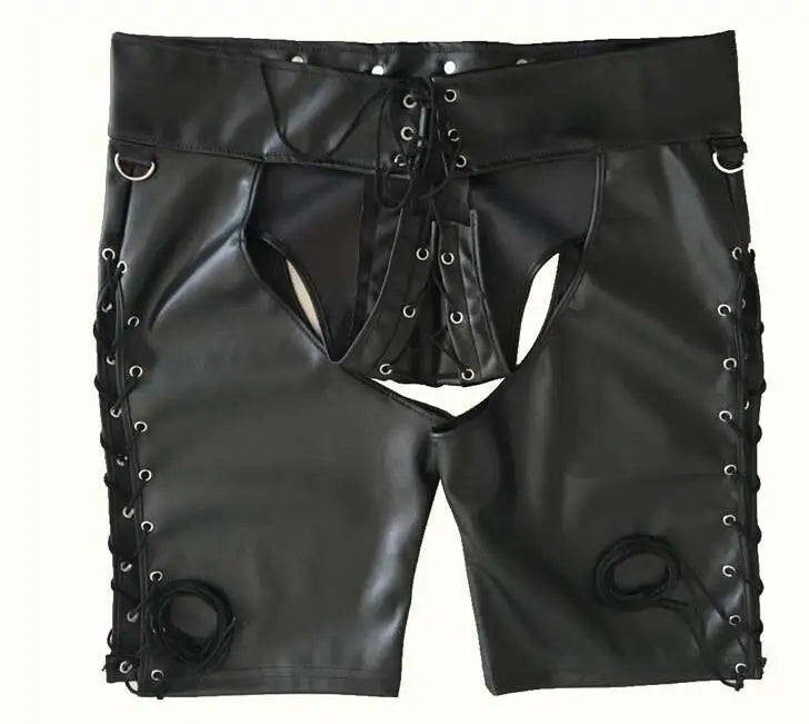 2022 Sexy Lingerie Gay Men Faux Leather Lace Up Pants New Hot Black Mens Latex PVC Bondage Open Cortch Shorts Gothic Fetish - Cosmic Twink