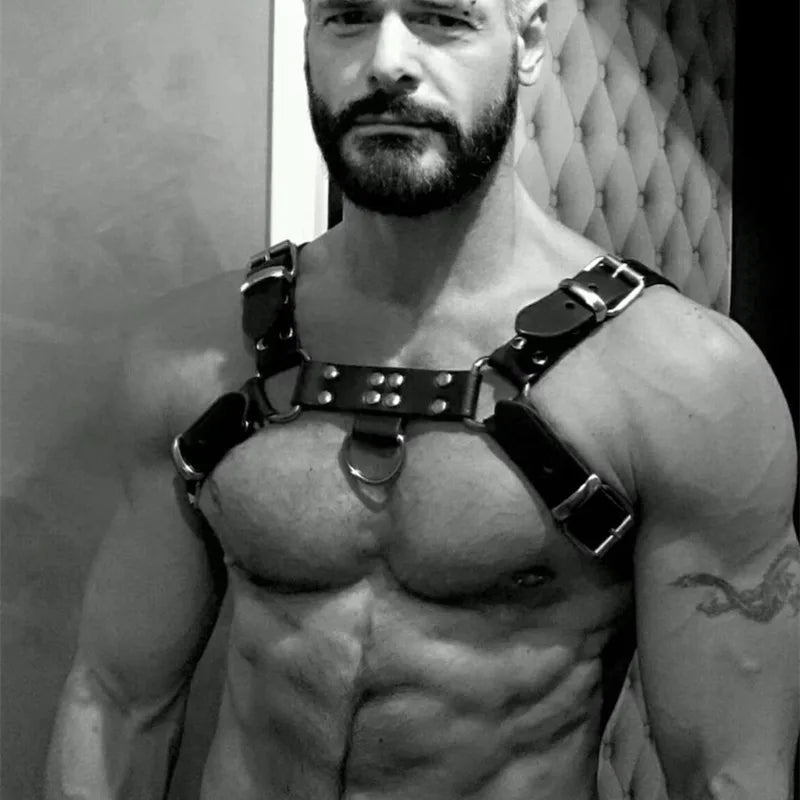 Gay Rave Harness Men Black Adjustable Leather Double Shoulders Punk Costume Straps Adult BDSM Bondage Belt Lingerie Sex Toys - Cosmic Twink