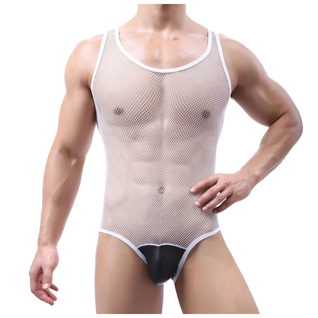 Sexy Mens Undershirts Gay Sissy Lingerie Mesh Sheer Bodysuit Wrestling Singlet Leotard Jumpsuit One-Piece Pajama Sheer Underwear - Cosmic Twink