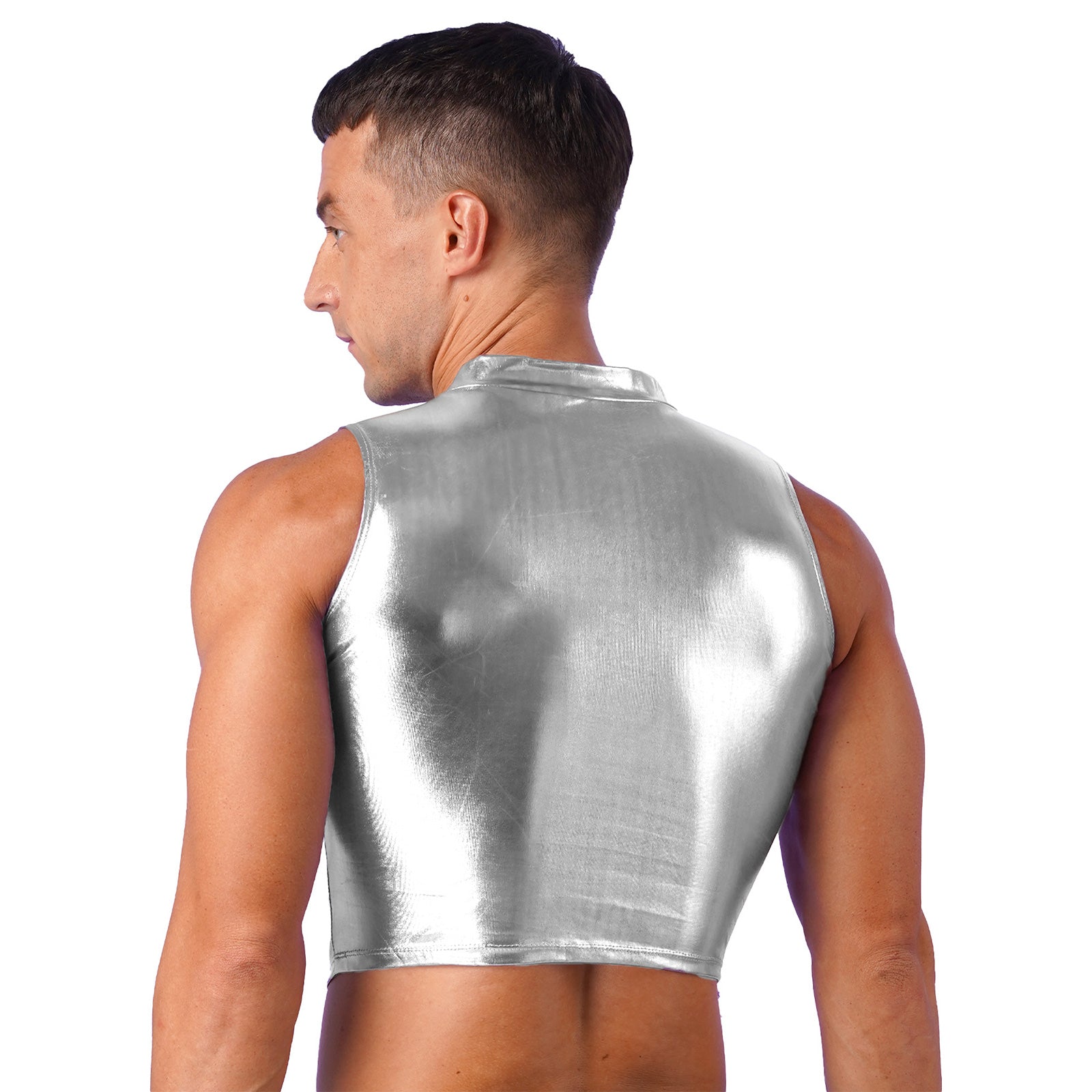 Men's Clothing Wet Look Faux Leather Vest Pole Dance Costume Metallic Mock Neck Crop Tank Top Gothic Punk Rave Party Clubwear - Cosmic Twink