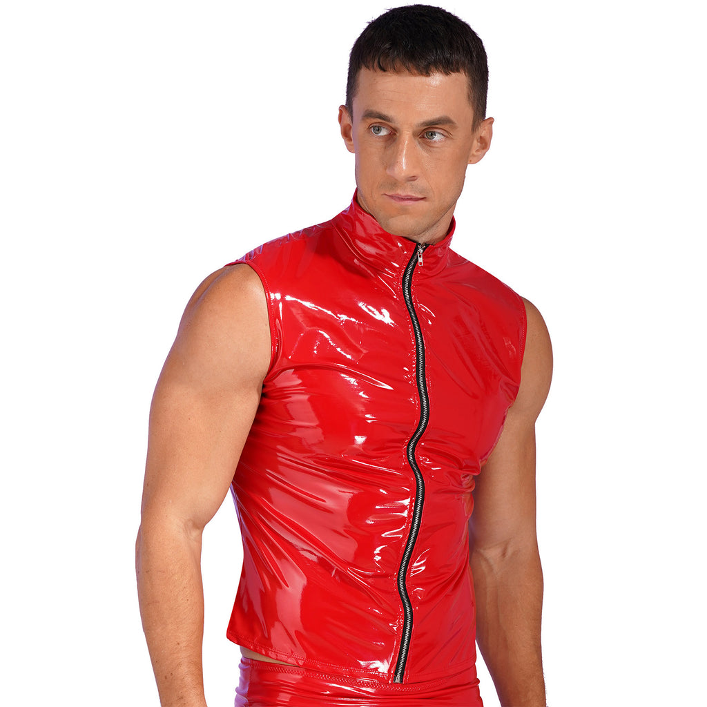 Men Wet Look Patent Leather Jacket Vest Tops Sleeveless Stand Collar Zipper Punk Tank Top Nightclub Festival Rave Party Clubwear - Cosmic Twink