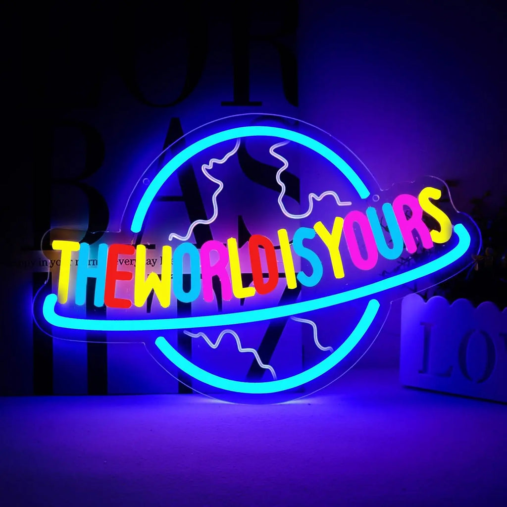 The World Is Yours Neon Sign Carved Planet LED Neon Light Sign for Office Wedding Man Cave Game Room Wall Decor Birthday Gift - Cosmic Twink