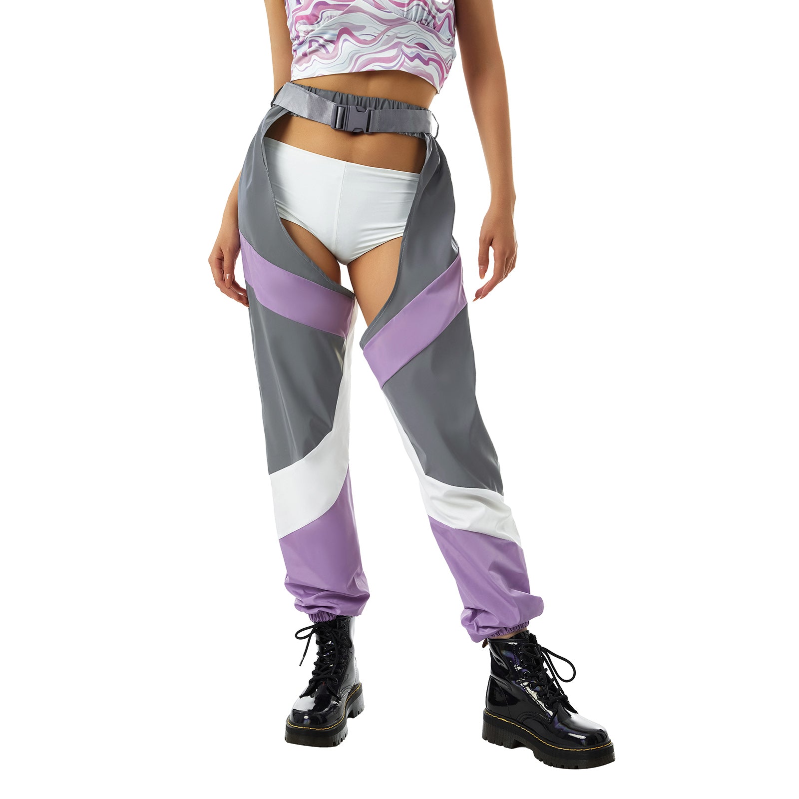 Women's Rave Chaps Ladies Sexy Hollow Out Patchwork/ Solid Loose Fit Buckle Trousers for Club Wear Bottomless Festival Pants - Cosmic Twink