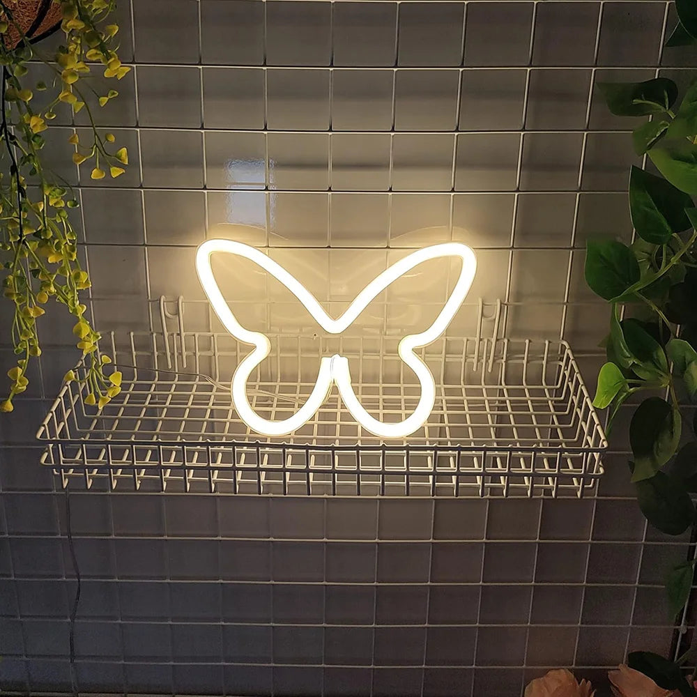 Butterfly Neon Sign USB/Battery Powered Cat LED Neon Light Skull Neon Lamp Wall Art Decor for Home Bedroom Birthday Gift Wedding - Cosmic Twink