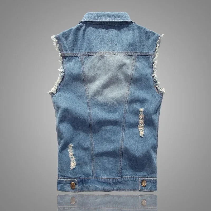 Summer Mens Ripped Denim Vest Male Tank Top Washed Jeans Waistcoat Man Retro Cowboy Hip Hop Sleeveless Jacket for Men - Cosmic Twink