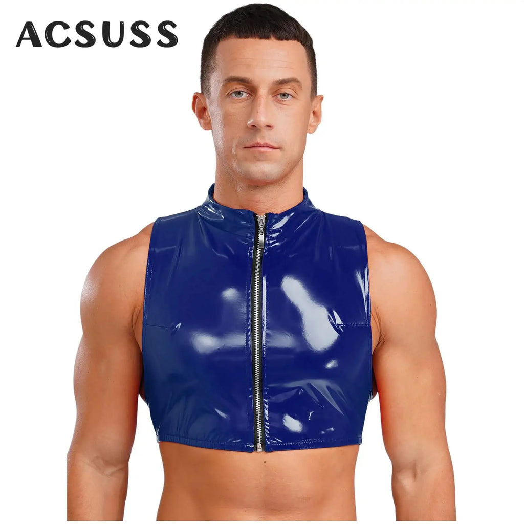 Men Wet Look Patent Leather Crop Tops Vest Sleeveless Zipper Tanks Top Camisole Nightclub Rave Party Dancing Clubwear Streetwear - Cosmic Twink