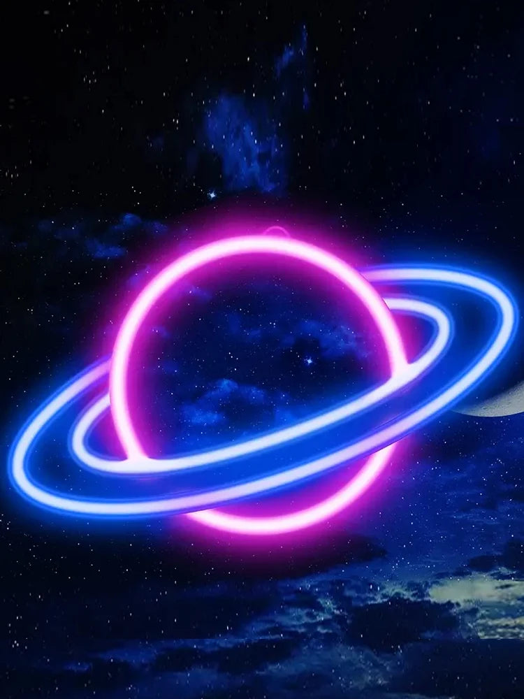Planet Neon Sign, 10 Levels Brightness LED Neon Lights Signs For Wall Decor, USB Powered Neon Lights For Bedroom - Cosmic Twink