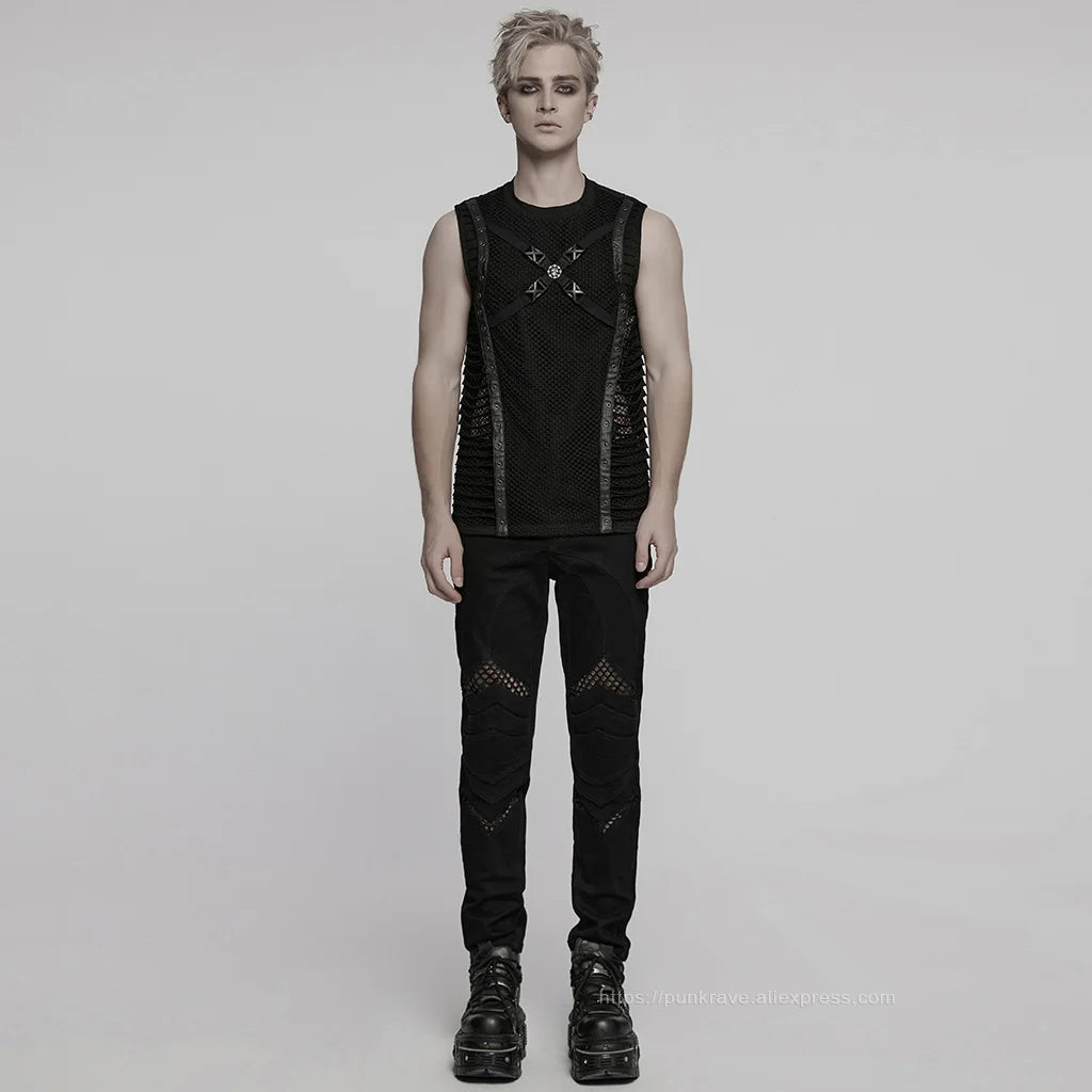 PUNK RAVE Men's Punk Cut Features Mesh Vest Novel Style Personality Cool Handsome Dark Tops Tees Men Clothing - Cosmic Twink