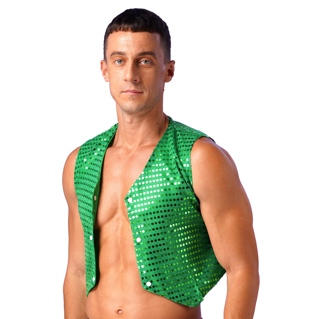 Mens Shiny Sequined Vest Tops V Neck Disco Irregular Hem Waistcoat Hiphop Jazz Dance Festival Rave Outfits Performance Costume - Cosmic Twink