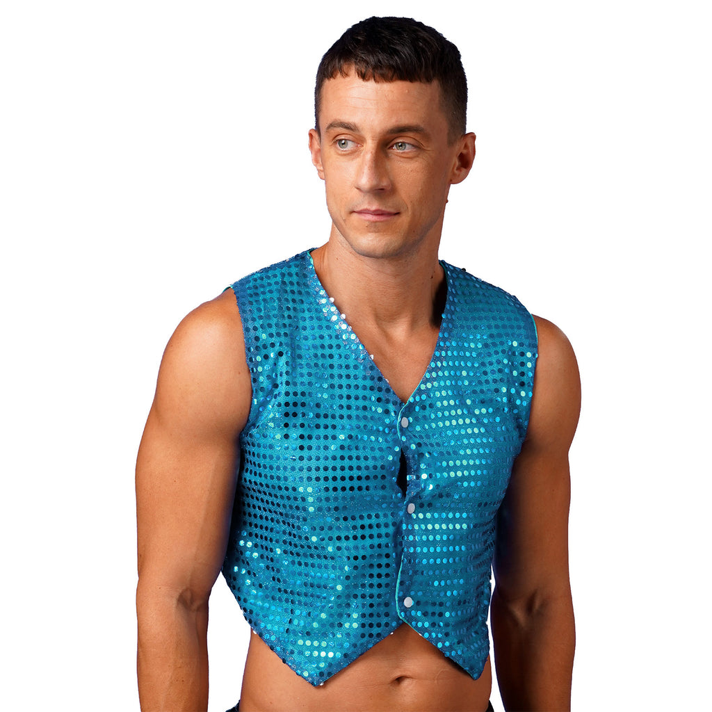 Mens Shiny Sequined Vest Tops V Neck Disco Irregular Hem Waistcoat Hiphop Jazz Dance Festival Rave Outfits Performance Costume - Cosmic Twink