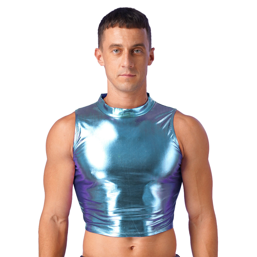 Men's Clothing Wet Look Faux Leather Vest Pole Dance Costume Metallic Mock Neck Crop Tank Top Gothic Punk Rave Party Clubwear - Cosmic Twink