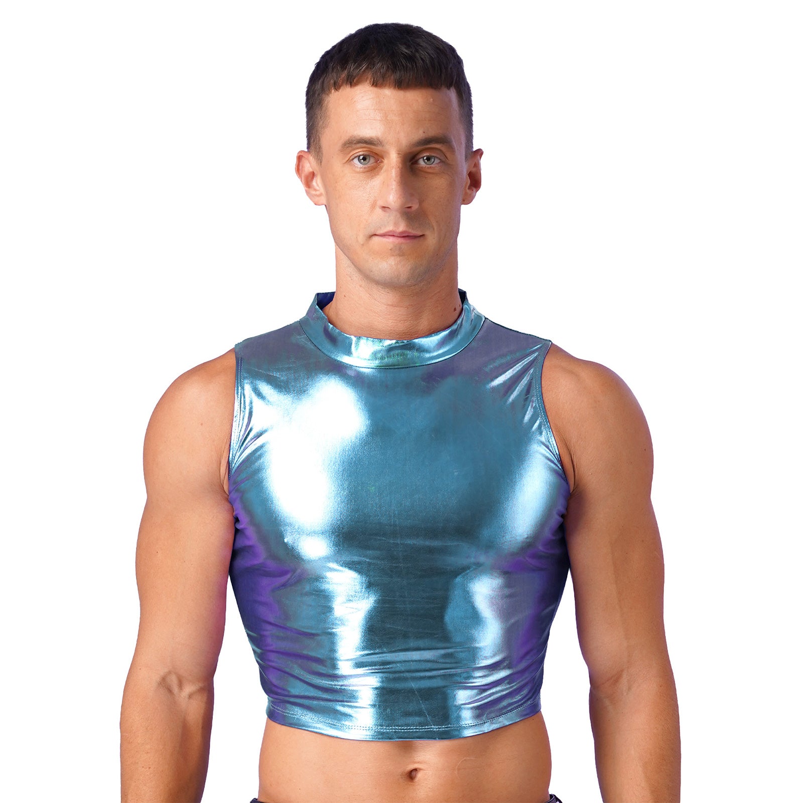 Men's Clothing Wet Look Faux Leather Vest Pole Dance Costume Metallic Mock Neck Crop Tank Top Gothic Punk Rave Party Clubwear - Cosmic Twink