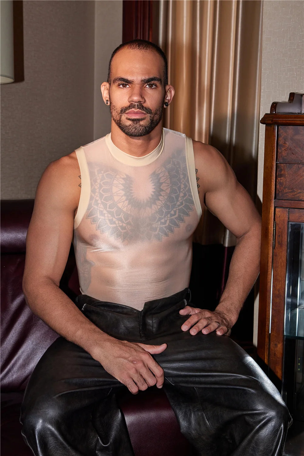 Sexy Men Unisex High Cut Bodysuit Oil Glossy Shiny Vets Sheer See Through Thong Maid Tights Elastic Tank Top Leotard - Cosmic Twink