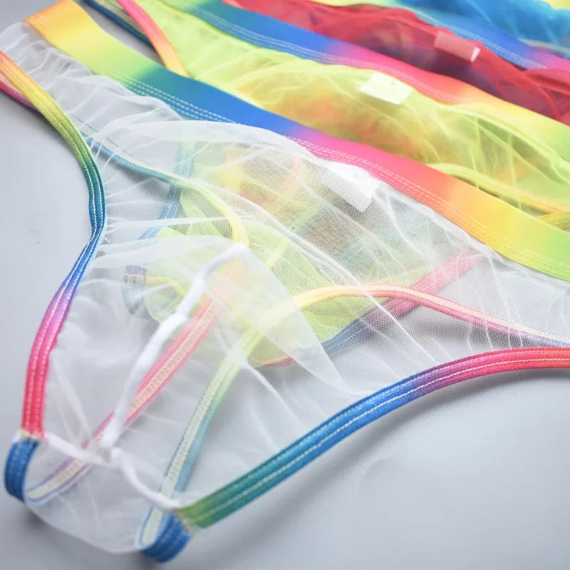 Men's Transparent Mesh G-String T-Back Thong  Rainbow Low Rise Underwear Gay Sexy Breathable Sheer Underpant Naughty Lingerie - Cosmic Twink