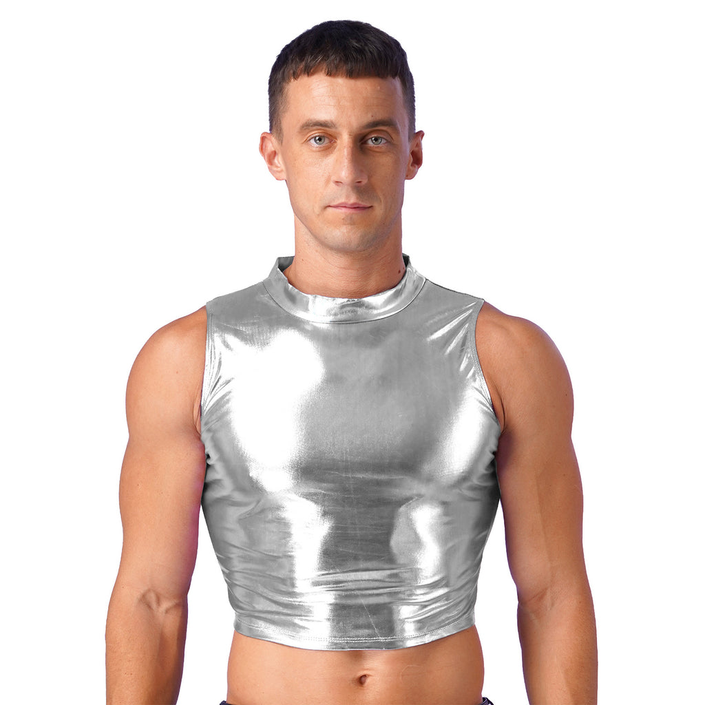 Men's Clothing Wet Look Faux Leather Vest Pole Dance Costume Metallic Mock Neck Crop Tank Top Gothic Punk Rave Party Clubwear - Cosmic Twink