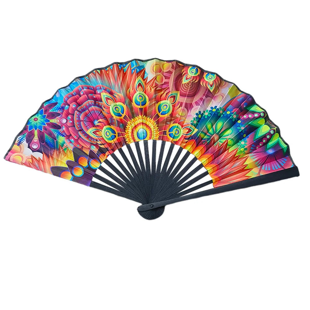 2024 Bamboo Bone Folding Fan Colorful Rave Fans Vibrant Bamboo Hand Fans for Festival Dancing Parties Decorative Gifts for Men - Cosmic Twink