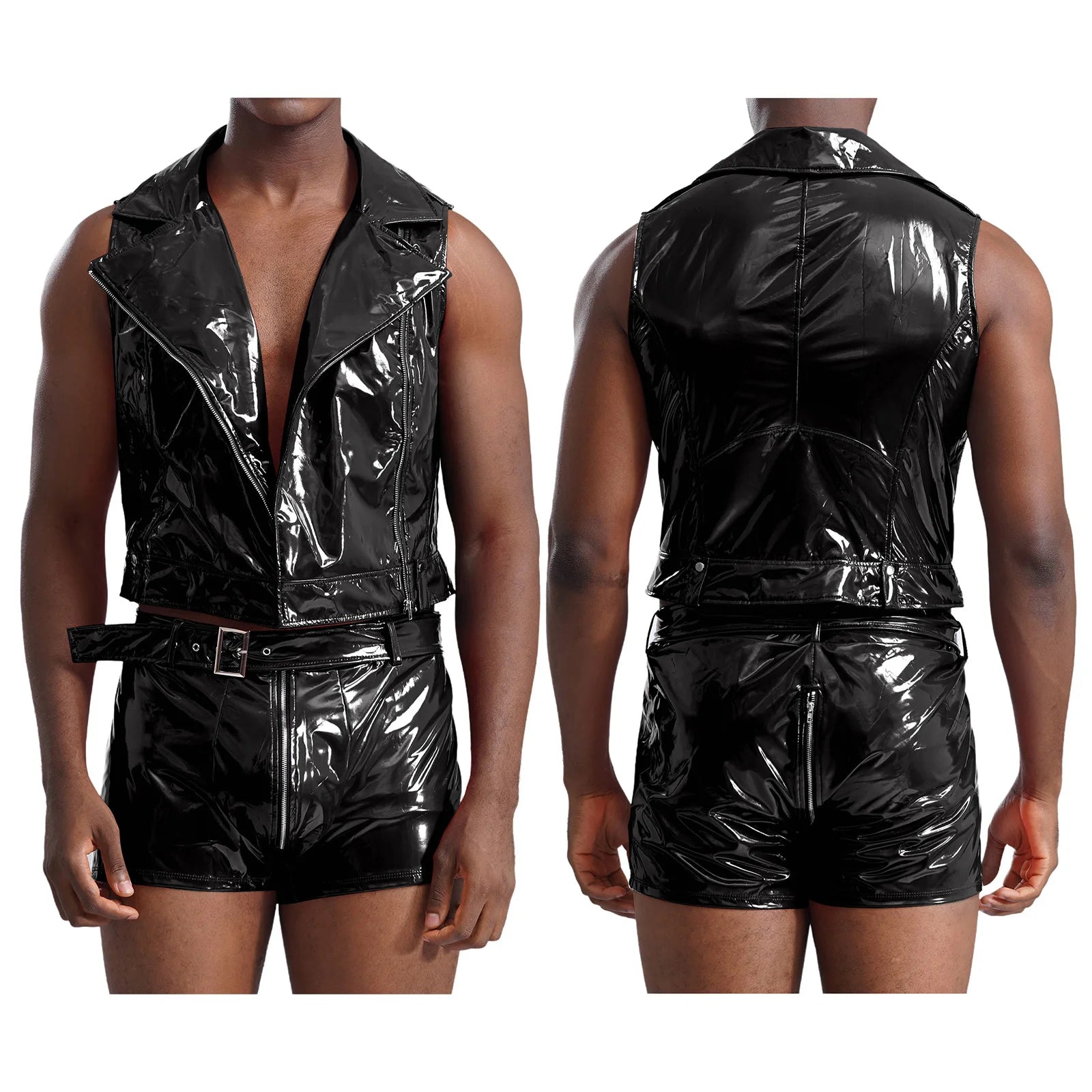 Men Pole Dancing Performance Outfit Wet Look Patent Leather Zipper Tank Top with Boxer Shorts Belt Rave Party Nightclub Clubwear - Cosmic Twink