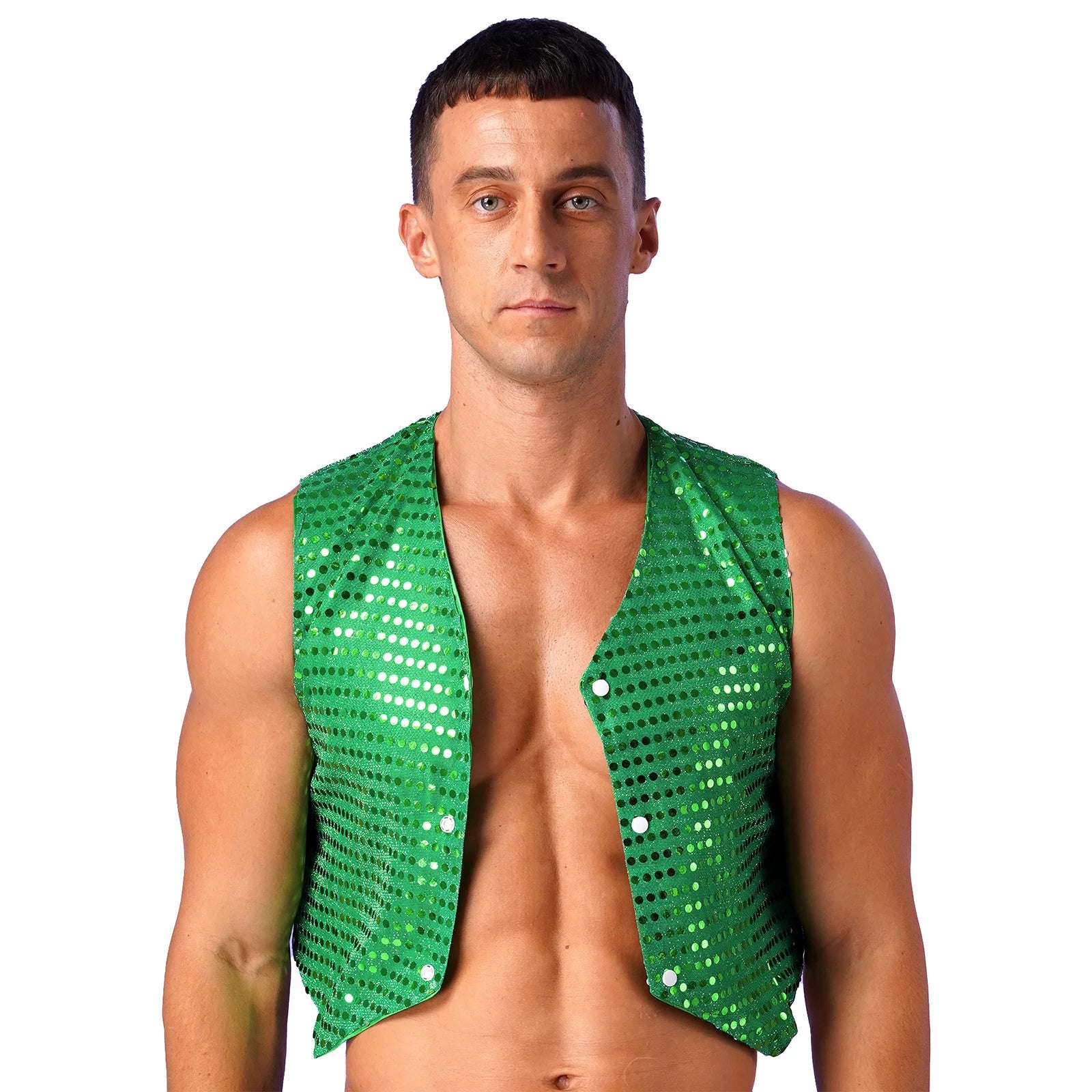 Mens Shiny Sequined Vest Tops V Neck Disco Irregular Hem Waistcoat Hiphop Jazz Dance Festival Rave Outfits Performance Costume - Cosmic Twink