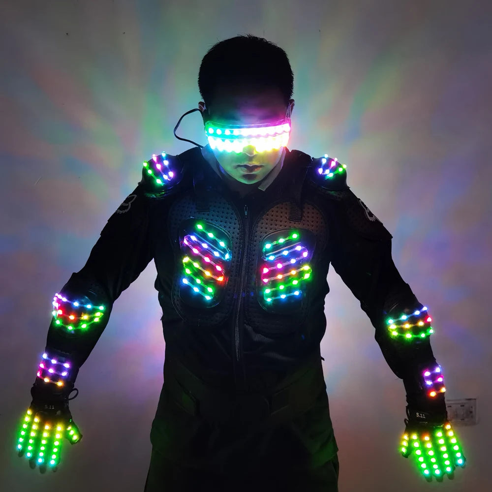 RGB Colorful Light Armor Outfits Glowing Clothe Show Dress Bar DJ MC Performance Robot men suit led costumes ballroom wears - Cosmic Twink